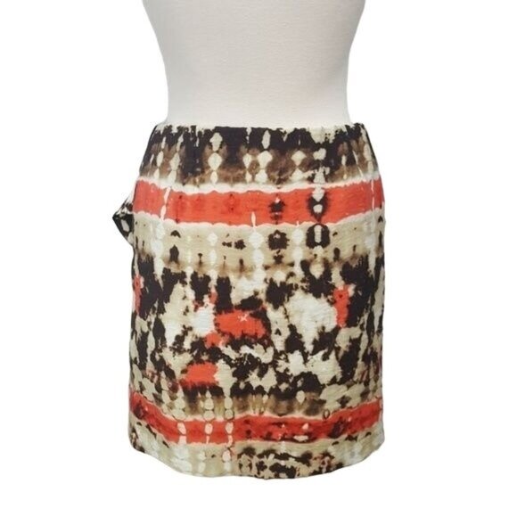 Vince Camuto Skirt Abstract Tie-Dye‎ Mini Skirt Faux Wrap Brown Orange 8 Petite - Picture 3 of 8